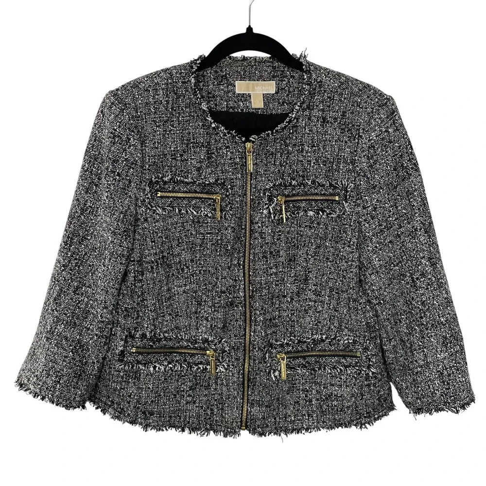 Michael Kors Black White Tweed Zip Front‎ Raw Hem Jacket 12